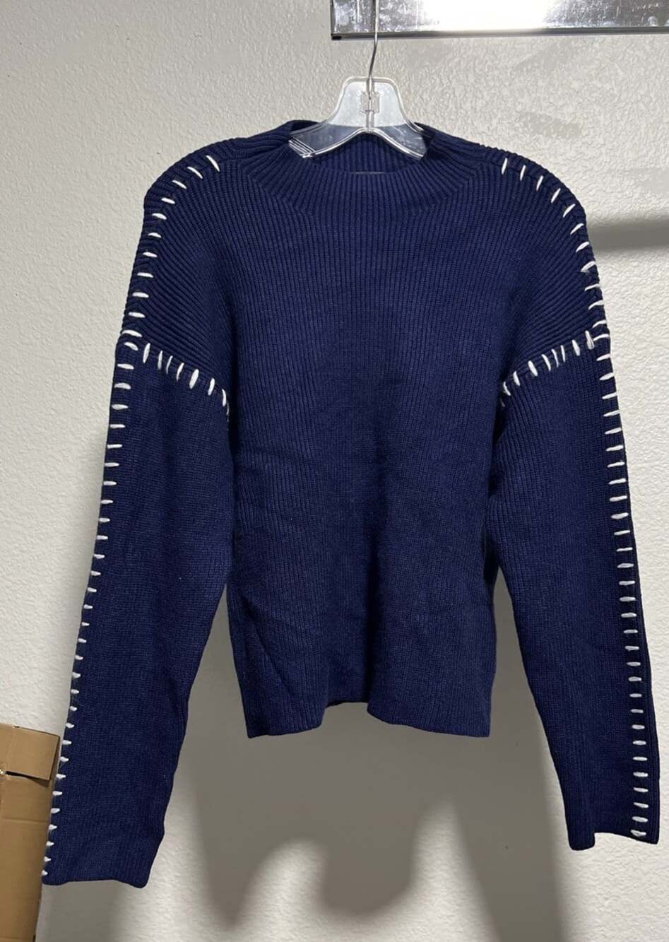 Merokeety Women's Large Navy Blue Knit Sweater Blue White Soft Chic